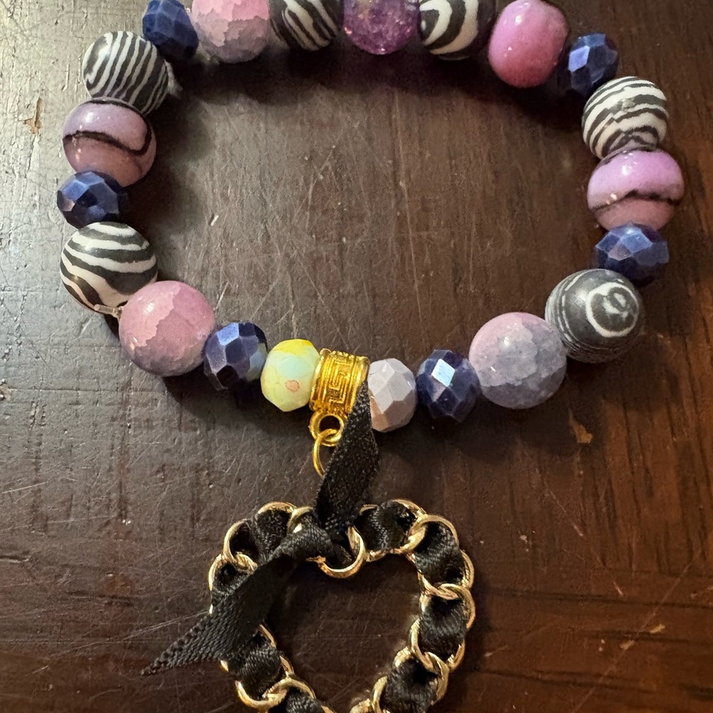 Pink and Blue Beaded Bracelet with Heart Charm